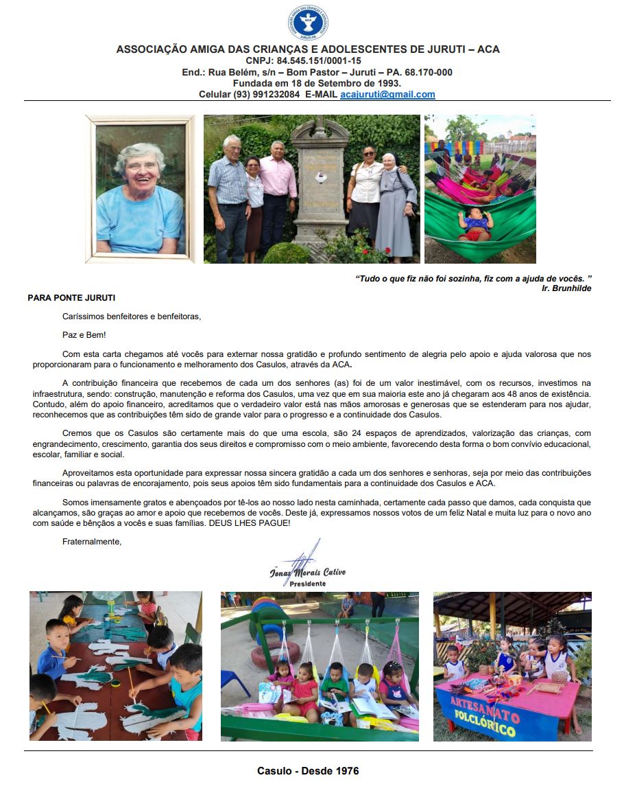 Ein Brief von ACA (= Kindergartenverein in Juruti)